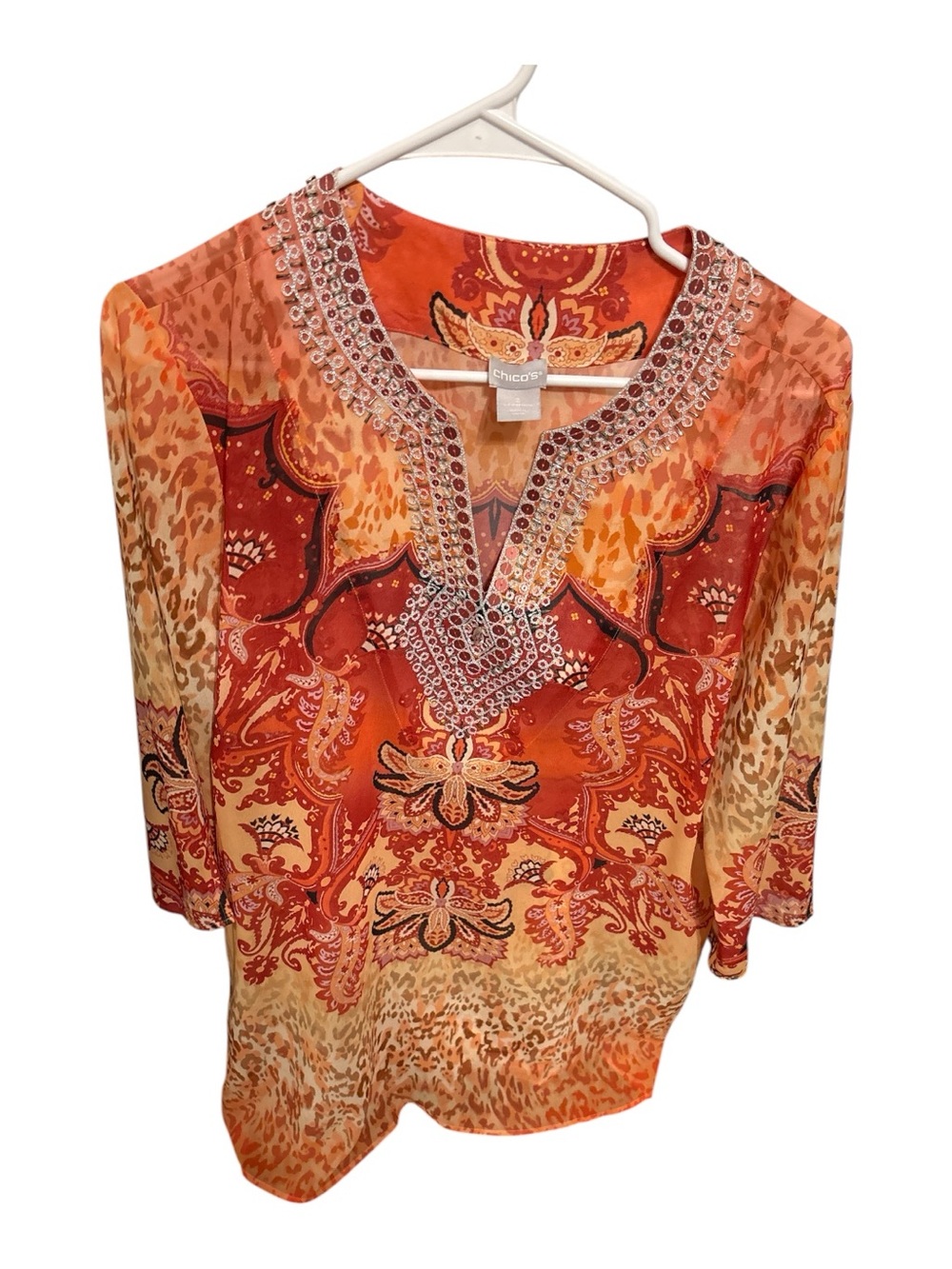 Chico's Orange Paisley Beaded V-Neck Tunic